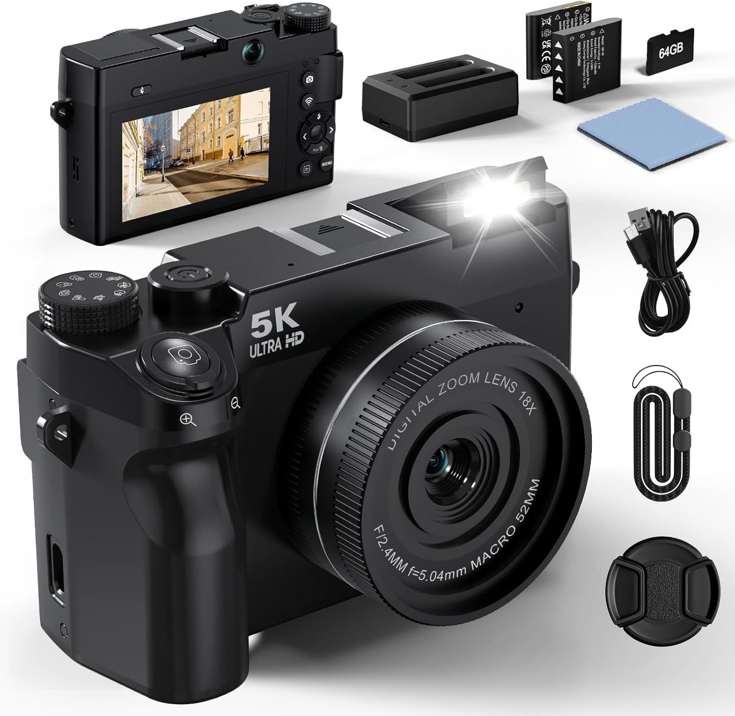 5K Digital Camera for Photography, 75MP Point and Shoot Digital Cameras with 64GB, Dual Lens 18X Zoom Autofocus for Beginners, WiFi Vlogging Camera for YouTube, 2 Batteries & 1 Charger