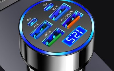 6-in-1 Multi-Port Car Charger with Voltage Detection, 2PD+3USB+QC3.0 Fast Charge Cigarette Lighter Plug Adapter Compatible with iPhone,Android,Samsung,iPad Pro and More