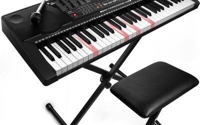 61 Key Portable Electronic Keyboard Piano w/Lighted Full Size Keys, LCD, Headphones, X-Stand, Stool, Music Rest, Microphone, Note Stickers, Built-In Speakers,3 Teaching Modes