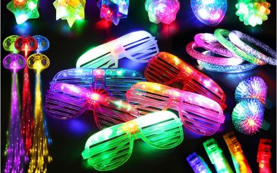 78PCs LED Light Up Toy Party Favors/Supplies Bulk Glow In The Dark For Adult Kids Birthday Halloween With 50 Finger Light, 12 Jelly Ring, 6 Flashing Glasses, 5 Bracelet, 5 Fiber Optic Hair Light