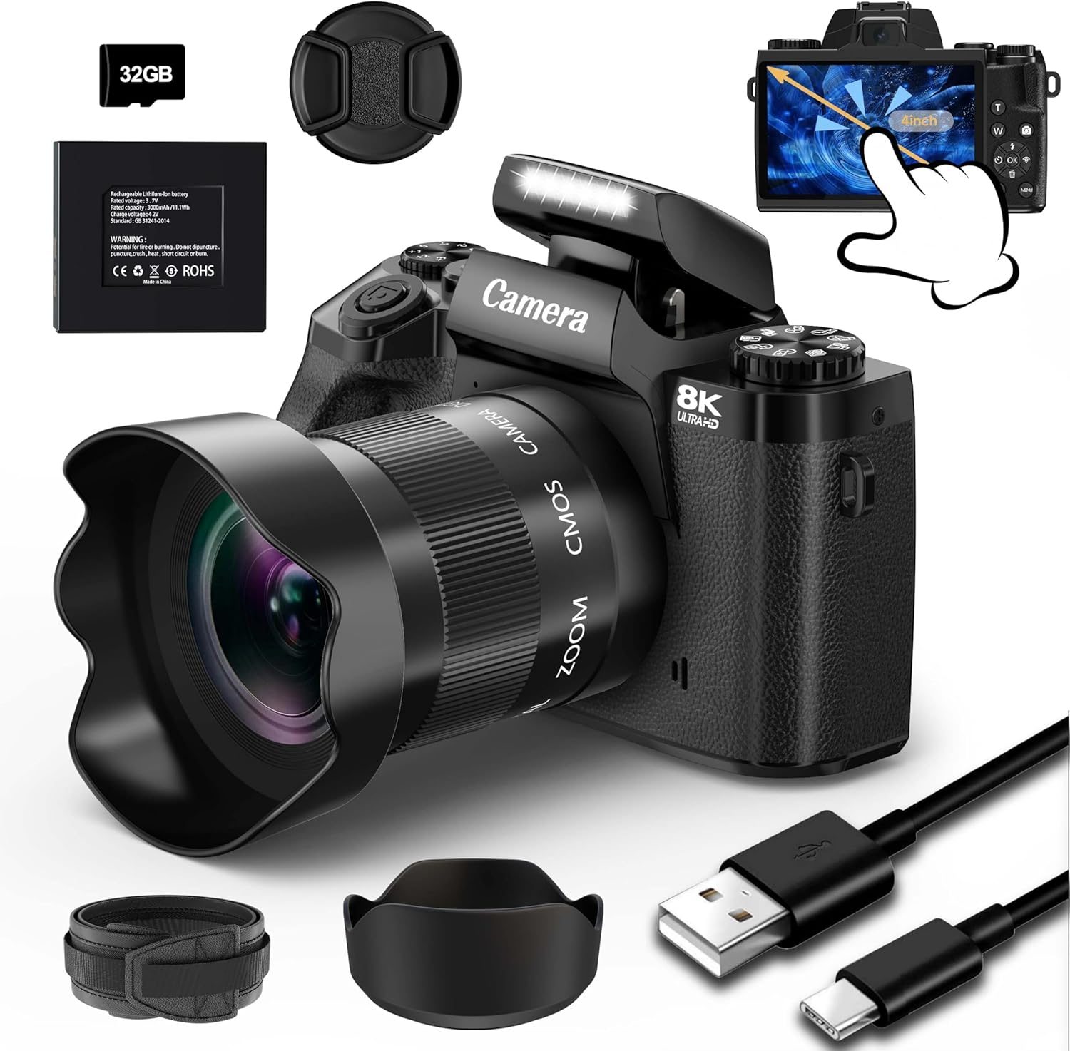 8K 64MP Digital Camera for Photography, Vlogging Camera with Autofocus, WiFi, 4 Inch Touchscreen, 16X Digital Zoom, 3000mAh Battery, Dual-Lens, Lens Hood, 32GB TF Card and Flash,Black
