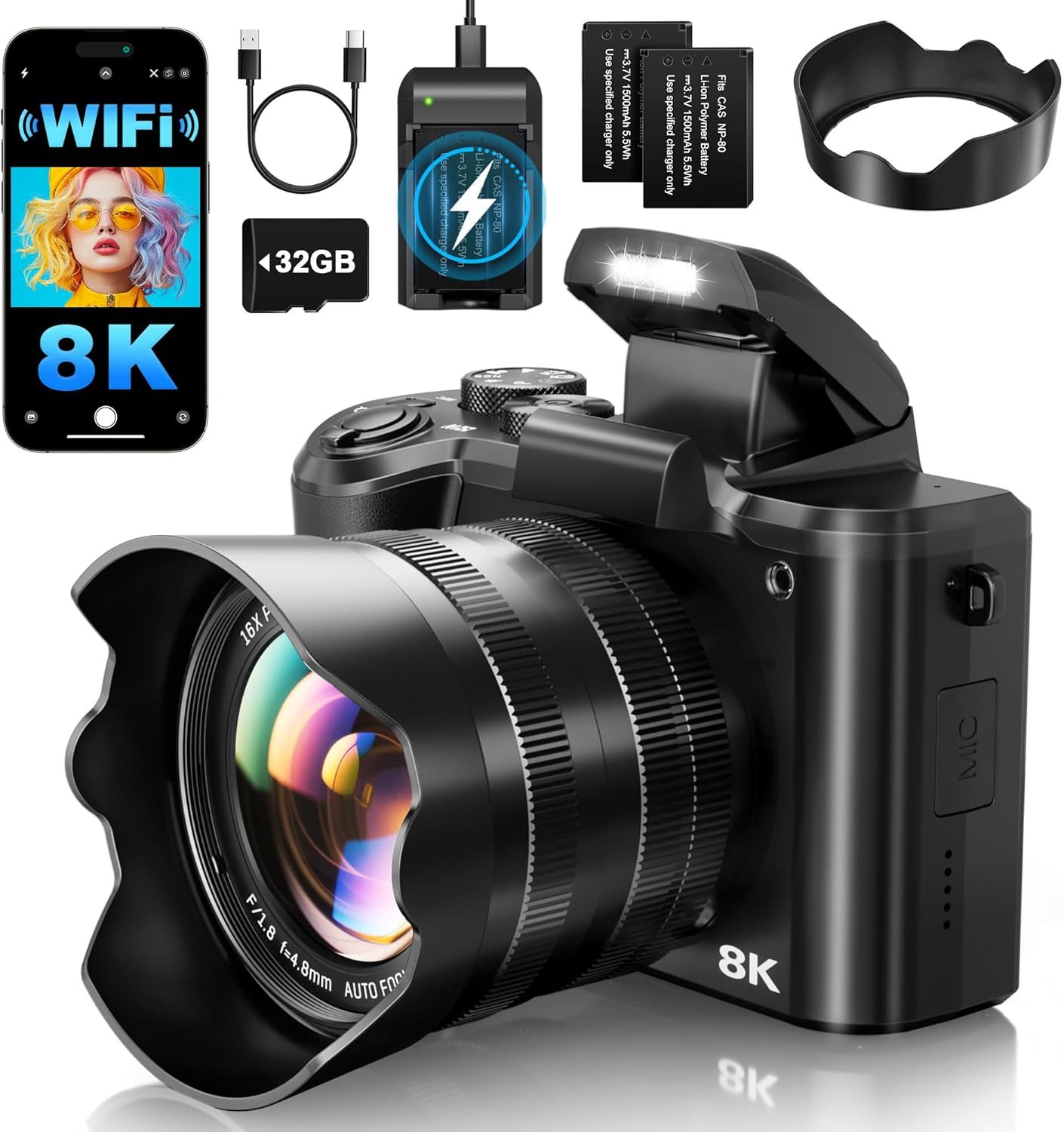 8K Digital Cameras for Photography – Autofocus 88MP WiFi Profession Camera with Dual-Lens – 16X Digital Zoom Photography Camera for YouTube with Lens Hood, Touch Screen, 2 Batteries & Charging Stand