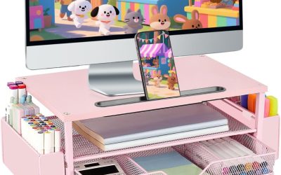 AUPSEN Pink Desk Organizers and Accessories, 2-Tier Wood Computer Monitor Stand with Drawer, Pen Storage & Phone Holder, Office Desk Accessories, Workspace Desktop Organization for Office Supplies