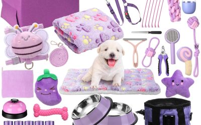 Abbylike 50 Pcs Puppy Supplies Starter Kit for Small Dogs Puppy Essentials Includes Leash, Bowls, Teeth Brushes, Water Bottle, and More Accessories for Dogs Christmas Welcome Gift(Purple)