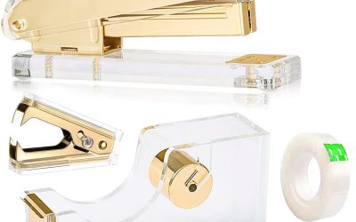 Acrylic Gold Tape Dispenser Gold Desktop Stapler, Acrylic Office Supplies Includes Staple Remover, Tape, 1000pcs Staples Desk Accessory Kit, Cute Office Stapler Set for Modern Design Office Desktop