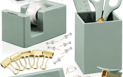 Aesthetic Desk Accessories Set – A Complete Desktop Organizer Set For Women Enhances Any Office Decor – An Office Supplies Kit w Gold Finish incl. Pen Holder, Scissors, Stapler, Tape Dispenser & More