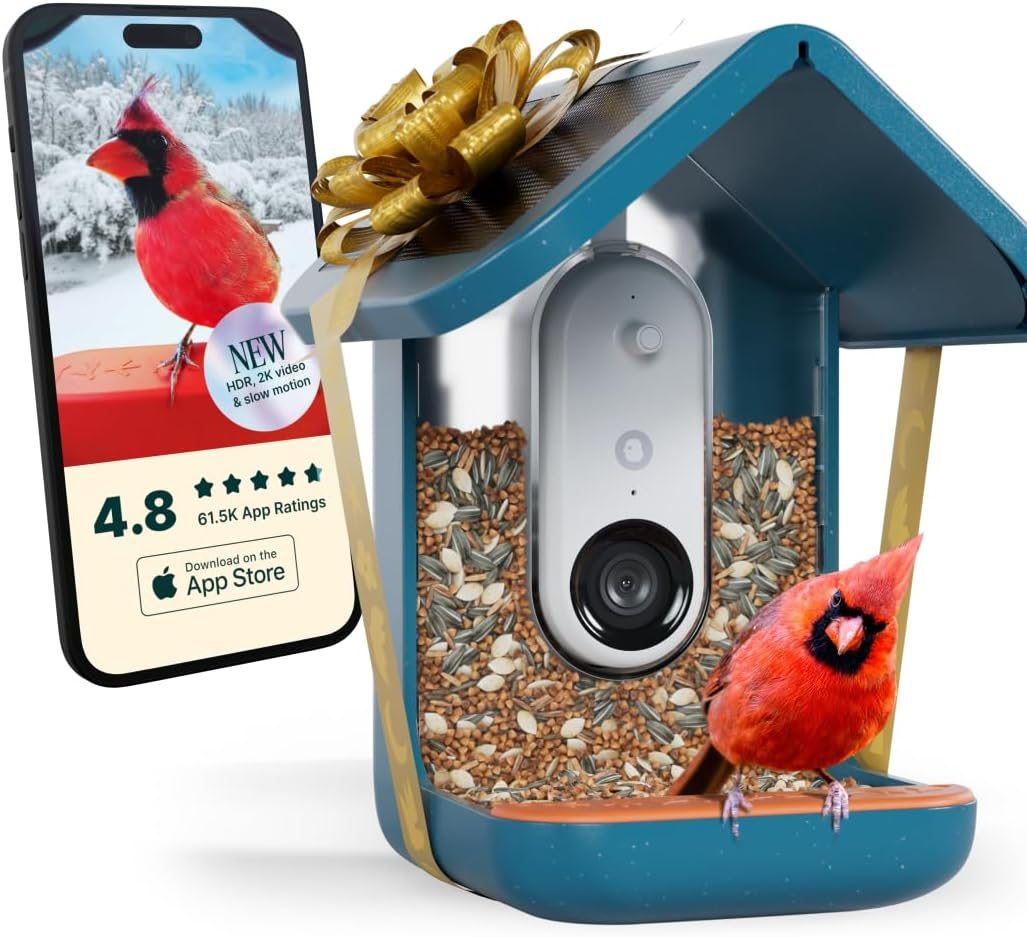 Birdbuddy PRO Solar Smart Bird Feeder with Camera – AI Bird Species Identification, 5MP Photos, 2K HD Video Live Stream Camera, Slow-Motion Video, 2.6in Focus – Blue Solar