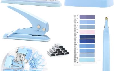Blue Office Supplies,UPIHO Blue Desk Accessories,Stapler and Tape Dispenser Set for Women with Stapler,Tape Dispenser,Magnetic Staple Remover,Staples,Clips,Hole Punch and Tabs,School Supplies