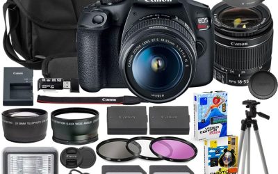 Canon EOS Rebel T7 DSLR Camera with 18-55mm Lens Bundle with Extra Canon Battery + 2X 64GB Memory Cards + Accessory Kit Including Bag, Flash, Remote, Aux Lenses, Software & More