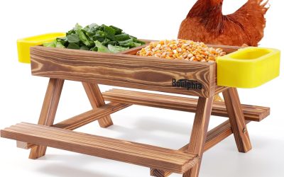 Chicken Feeders and Waterers, Chicken Feeder No Waste Kit with Picnic Table and 2 Water Feeder, Handmade Wooden Chicken Supplies & Accessories for Chicken Coop