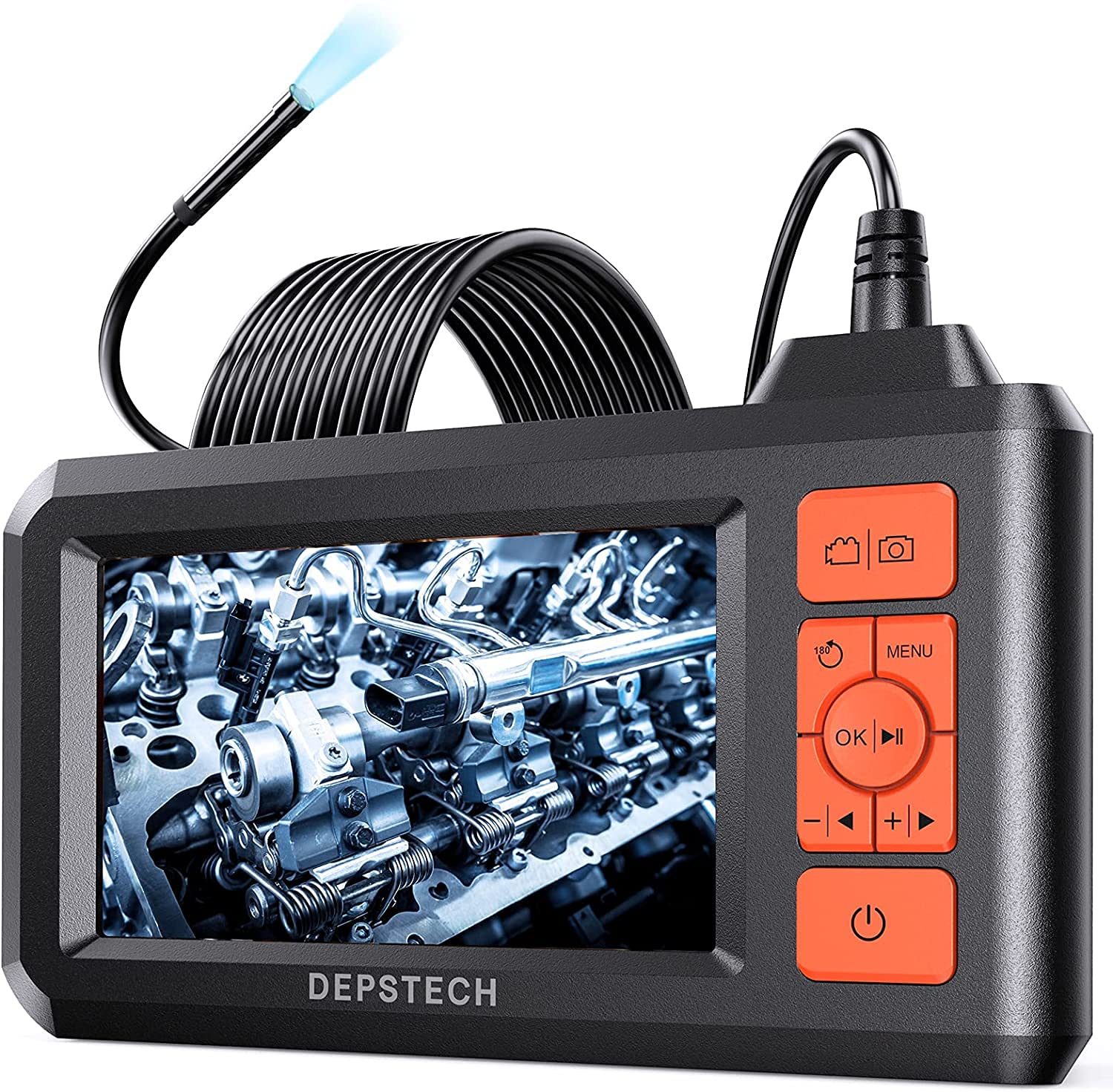 DEPSTECH 5.5mm Industrial Endoscope, 1080P Digital Borescope Inspection Camera with 4.3″ Screen, IP67 Waterproof Snake Camera with Lights,16.5FT Semi-Rigid Cable, 32GB Card &Photo Capture (Orange)