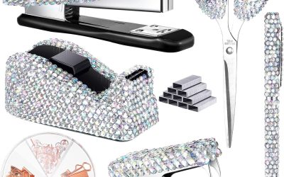 Demissle 6 Pcs Bling Office Desk Accessories Set Crystal Back to School Stationery Kit Scissor Stapler with Staple Tape Dispenser Diamond Pen Staple Remover Binder Clip Paper Clip Push Pins(White)