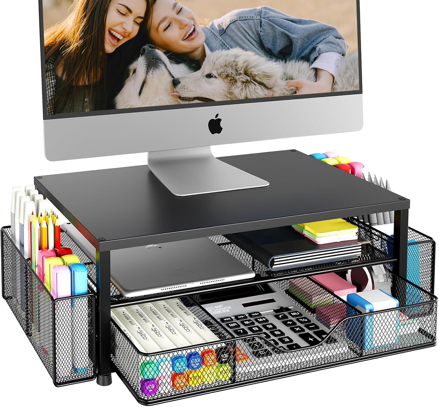 Desk Organizer and Accessories, 2-Tier Computer Monitor Stand Riser with Drawer and 2 Pen Holders, Office Desk Accessories for Office Supplies, Black