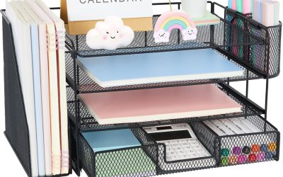 Desk Organizer and Accessories, 4-Tier Desktop File Organizer with Drawer and 2 Pen Holders, Office Desk Accessories for Office Supplies(Black)