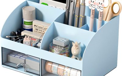 Desk Organizer with 6 Compartments and 2 Drawers, Plastic Makeup Organizer, Pen Holder for Desktop Storage, Desk Organization for School, Home, Office Supplies (Blue)