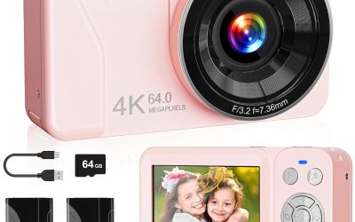 Digital Camera, 4K 64MP, 18X Zoom, Point and Shoot Digital Camera with 64GB TF Card & 2 Batteries, Portable Rechargeable Small Camera for Kids Teens Adult, Pink