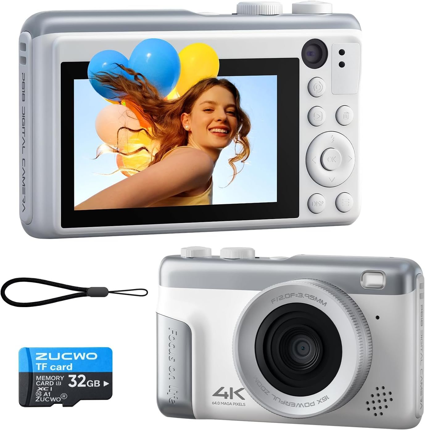 Digital Camera 4K, 64MP Compact Point and Shoot Camera for Everyday Photography, Autofocus with 16X Zoom, Type-C Rechargeable Travel Camera with 32GB Card, White