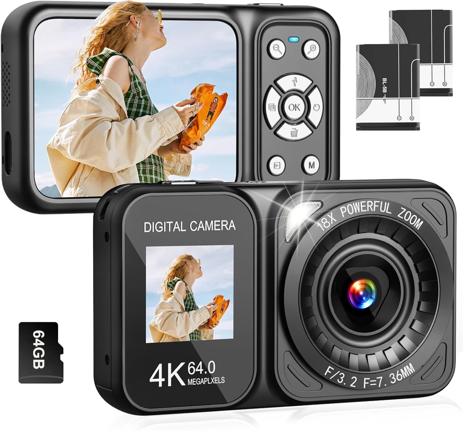 Digital Camera, 4K 64MP Dual Screens Camera, 18X Zoom, Point and Shoot Digital Camera with 64GB TF Card & 2 Batteries, Portable Rechargeable Small Camera for Kids Teens Adult, Black