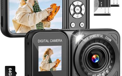 Digital Camera, 4K 64MP Dual Screens Camera, 18X Zoom, Point and Shoot Digital Camera with 64GB TF Card & 2 Batteries, Portable Rechargeable Small Camera for Kids Teens Adult, Black