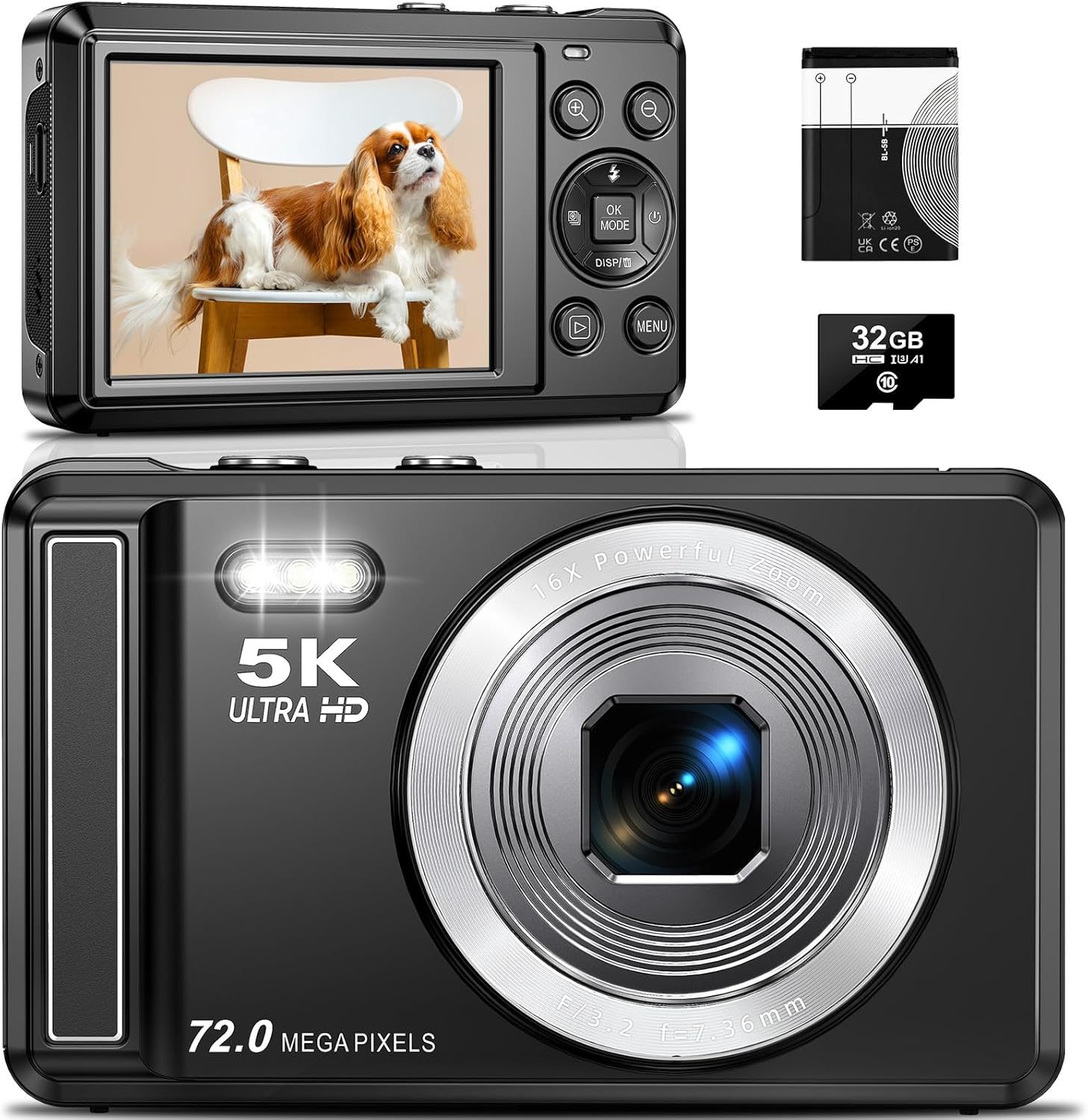 Digital Camera, 5K Digital Cameras for Photography, 72MP Vlogging Camera with 2.8″ Screen, 16X Zoom UHD Autofocus Video Camara with 32GB SD Card, Compact Small Camera for Kids Teens Boys Girls