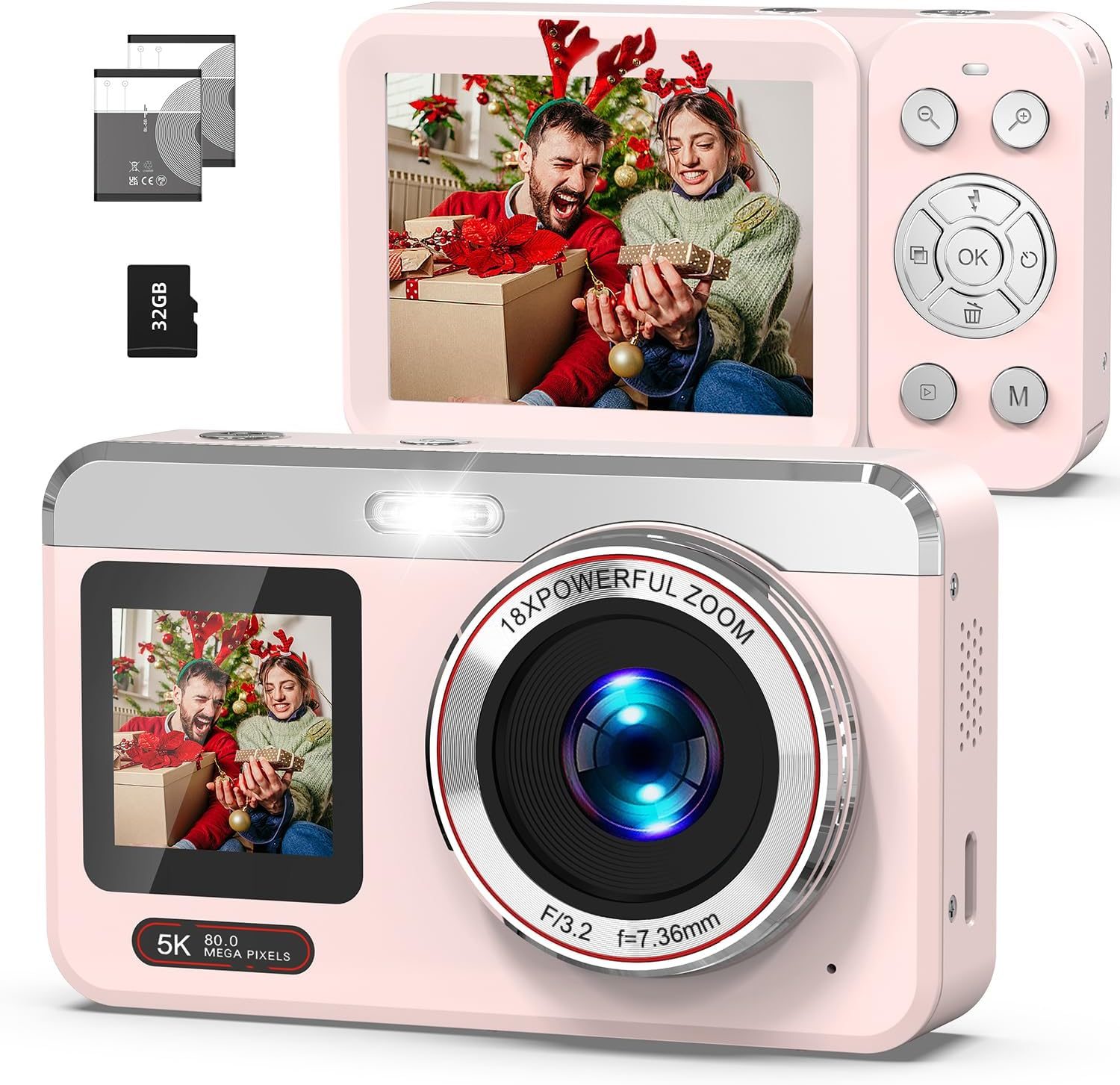 Digital Camera, 5K Vlogging Camera for Photography, 80MP Dual Screen Point and Shoot Digital Camera with Auto Focus, 18X Zoom, Flash, 2 Batteries, 32GB Card for Teens and Adults (Pink)