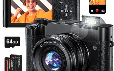 Digital Camera, 6X Optical Zoom & WiFi, 5K 30FPS 64MP Vlogging Camera, Rear and Front Cameras for Photography and Video, Autofocus & Anti-Shake, Travel Selfie for YouTube with Flash Dial 64GB Card