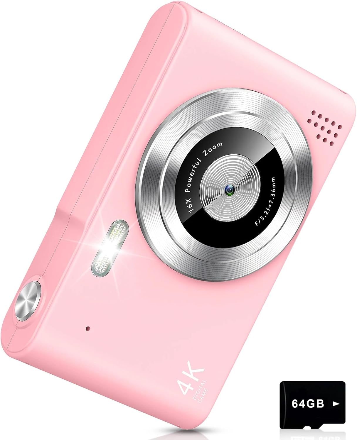 Digital Camera, Camera for Kids, UHD 4K 48MP Point and Shoot Digital Cameras with 64GB SD Card and 16X Digital Zoom Anti Shake, Compact Portable Small Gift for Boys Girls Students, Pink