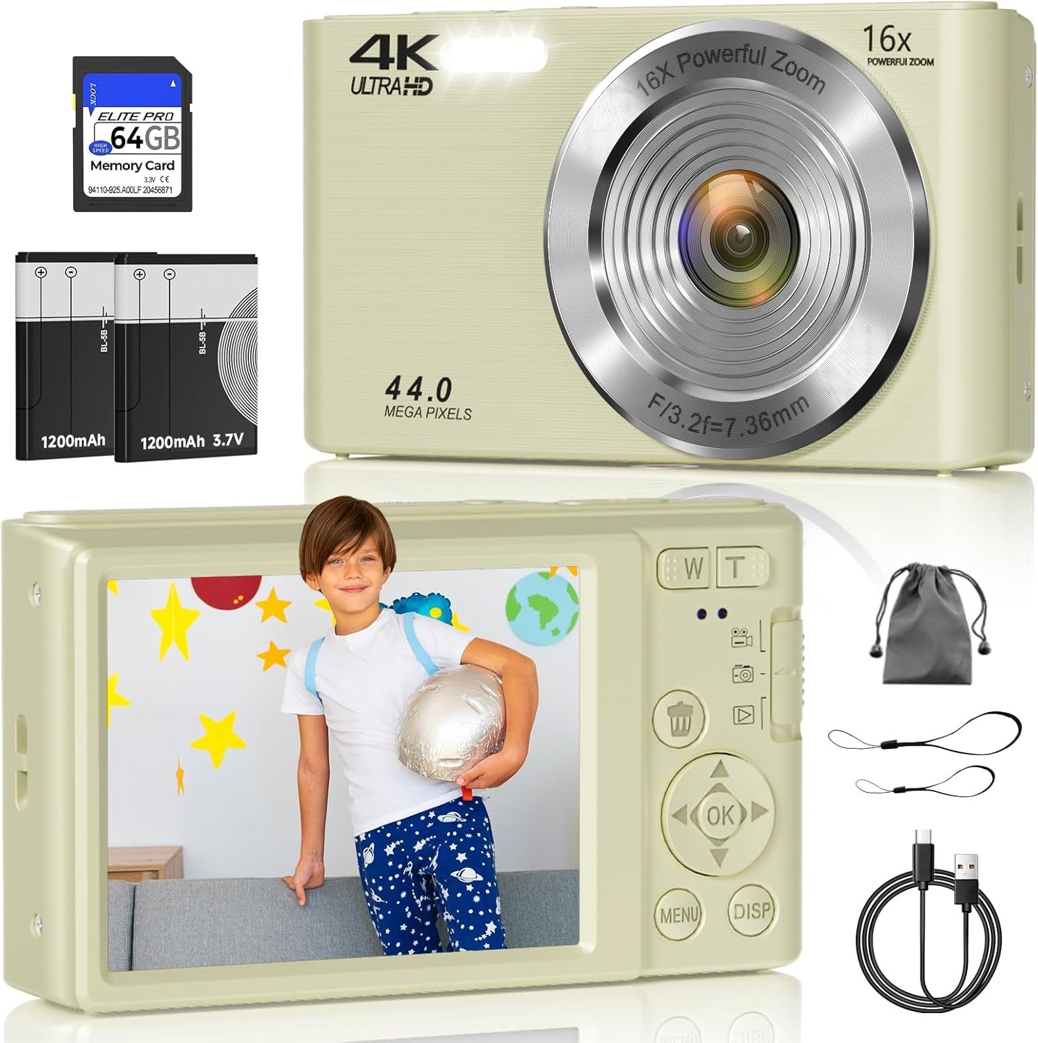 Digital Camera, FHD 4K 44MP Digital Camera, 16X Digital Zoom, Digital Point and Shoot Camera with 3-LED Fill Lights, 64GB SD Card, Compact Camera for Kids Teen Boys Girls, Cream