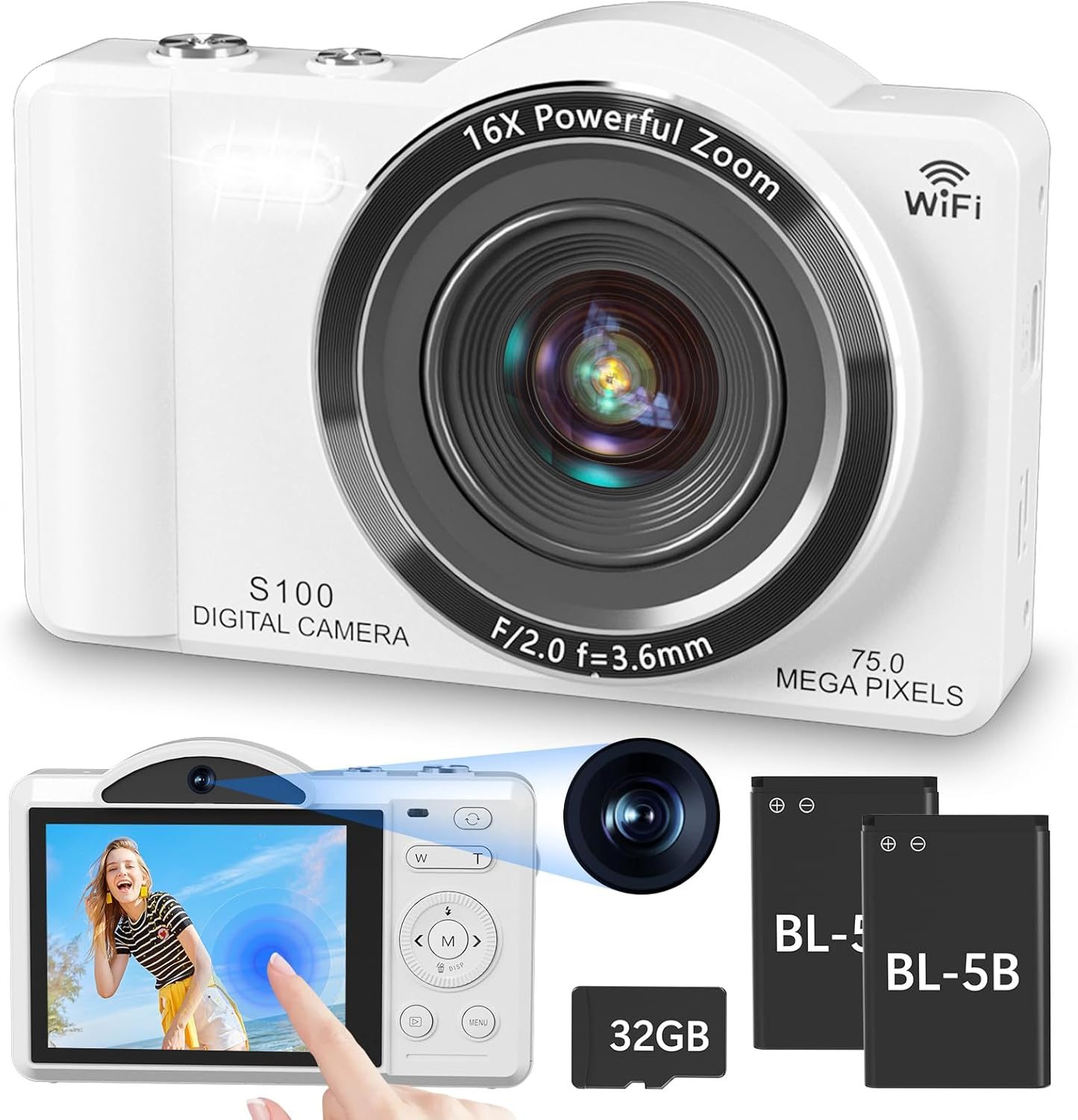 Digital Camera for Photography – WiFi 4K 75MP Vlogging Cameras for YouTube, Touchscreen Autofocus Point and Shoot Digital Camera for Teens Adult Beginner with 16X Zoom, 32GB Card, 2 Batteries(White)