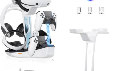 Dual Charging Station for PS5 and VR2 Controllers, 4-In-1 Charging Dock for PS VR2 with VR Headset Display Stand, Headphone Holder, LED Lights & 3*Magnetic Connectors, Electronics Accessories