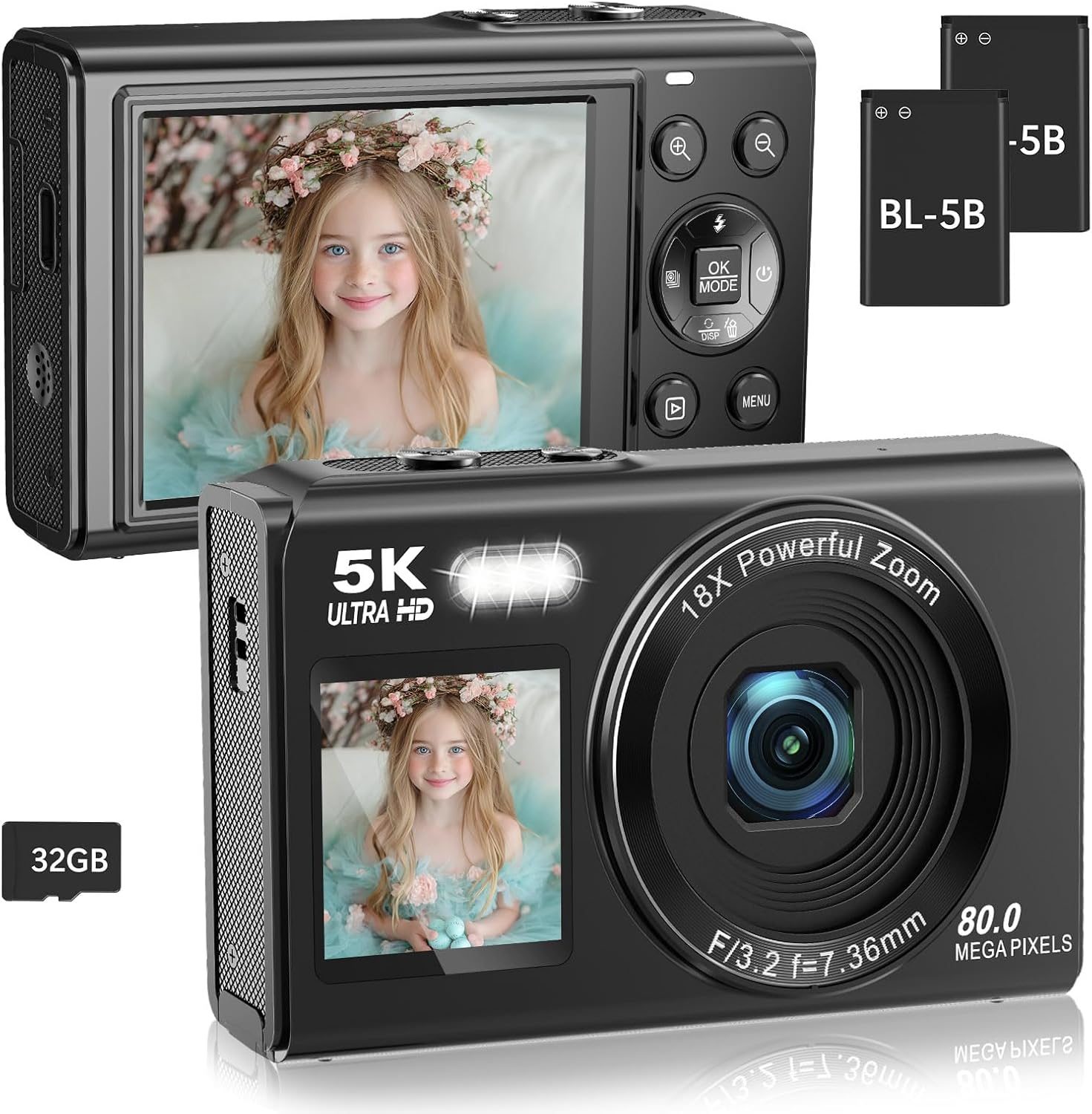Dual Screen 5K Digital Camera for Vlogging with Fill Light – 80MP, 16X Zoom, WiFi, YouTube/Blogging, Includes 32GB Card & 2 Batteries (X9-Black)