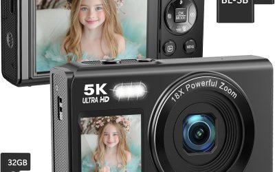 Dual Screen 5K Digital Camera for Vlogging with Fill Light – 80MP, 16X Zoom, WiFi, YouTube/Blogging, Includes 32GB Card & 2 Batteries (X9-Black)