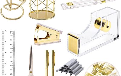 EOOUT Gold Office Supplies Set Desk Accessories, Acrylic Stapler Set Staple Remover, Phone Holder, Tape Holder, Pen Holder, 2 Ballpoint Pen, Scissor, Binder Clips, Ruler, Transparent Glue and Staples.