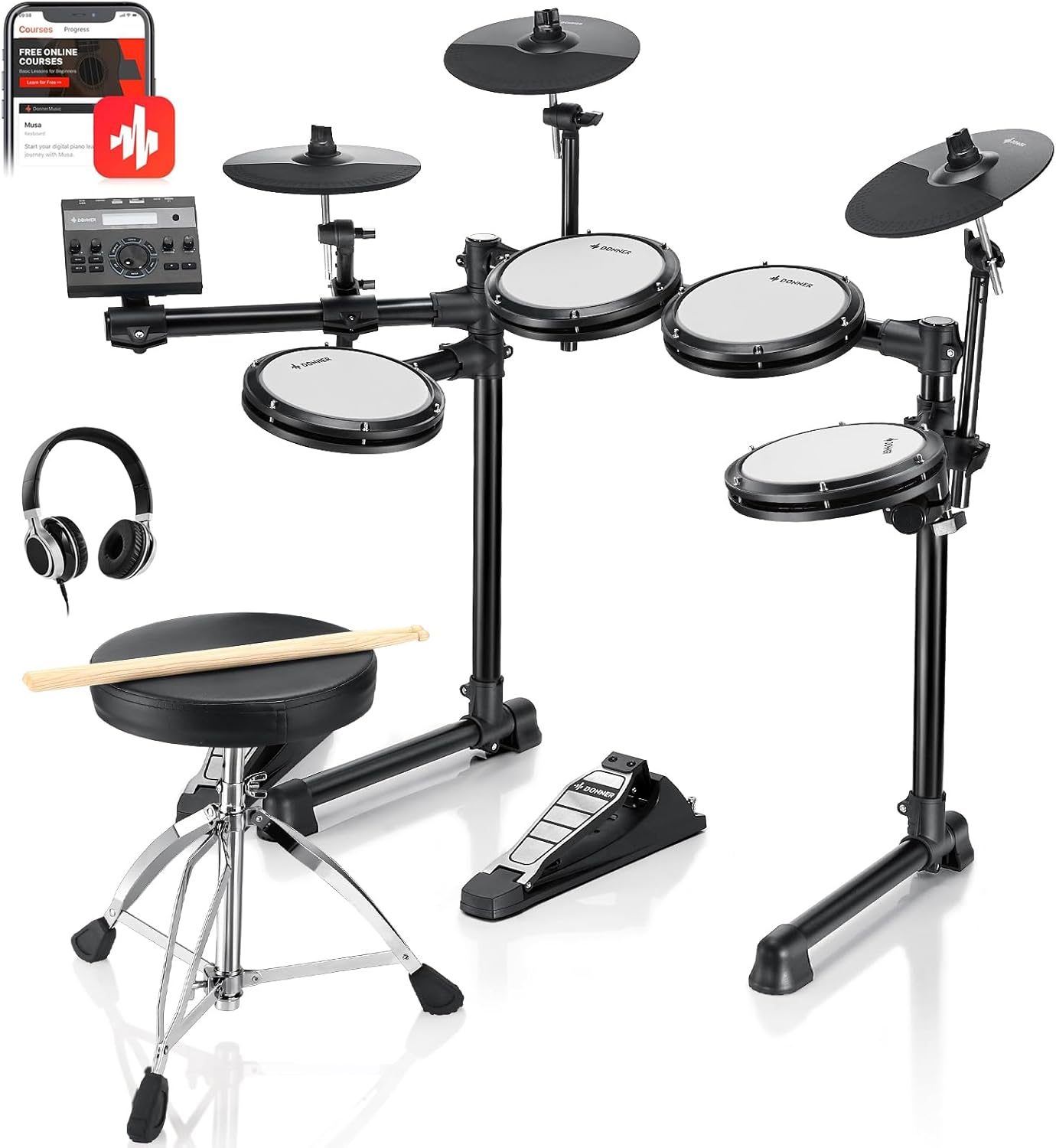 Electric Drums, Donner DED-200 LITE Electronic Drum Kit for Beginner with 450+ Sounds, USB MIDI, Quiet Mesh Pads, Throne, Headphones, Sticks and 40 Melodics Lessons