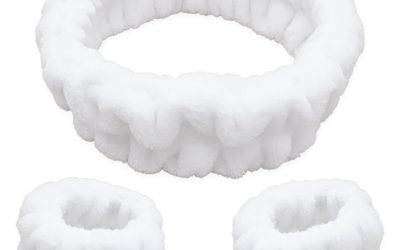 FROG SAC Puffy Spa Headband and Wristbands for Face Washing, Fuzzy Skincare Headbands for Women, Soft Makeup Skin Care Hair Accessories for Girls, Bubble Make Up Sleepover Party Supplies (White)