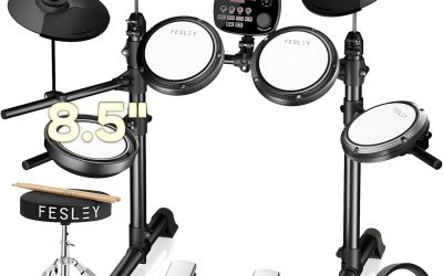 Fesley FED150W Electric Drum Set: Dual Zone Snare Drum,2 Cymbals w/Choke, 200 Sounds, 4 Quiet Mesh Drum Pads, Portable Electronic Drum Kit for Beginner, Bluetooth, MIDI, Throne, Headphone, Sticks