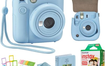 Fujifilm Instant Mini 12 Camera + Accessory Bundle & Compatible Custom Case + Fuji Instant (20 Shots) Designer Mini Photo Album (60 Pockets) (Pastel Blue)