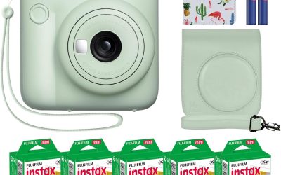 Fujifilm Instax Mini 12 Instant Camera + MiniMate Accessory Bundle & Compatible Custom Case + Fuji Instax Film Value Pack (50 Sheets) Flamingo Designer Photo Album (Mint Green)
