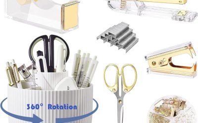 Gold Desk Organizers and Accessories 7Pcs Set with 360-Degree Rotating Pen Holder, Acrylic Stapler, Tape Holder, Staple Remover, Binder/Paper Clips Kit, Scissor and 1 Box of Staples (Gold)