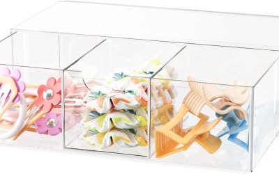 Hair Accessories Organizer for Girls, Clear Acrylic Hair Bow Tie Clip Scrunchie Holder with Divider, Cute Small Stackable Storage Drawer Container Caddy Box for Bathroom Vanity Countertop