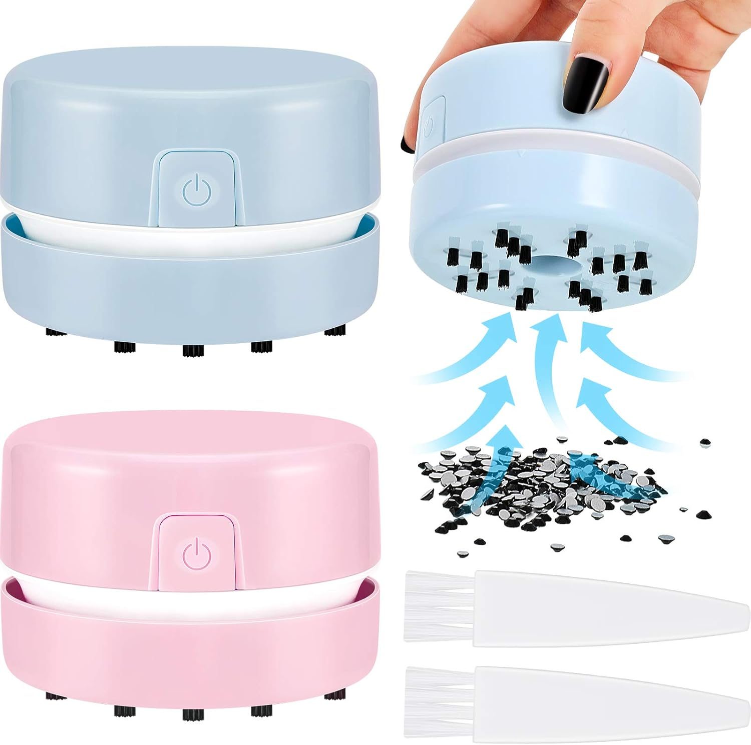 Honoson 2 Pcs Diamond Painting Tool Drill Quicker Picker for Spilled Diamonds 5d Painting Accessories Vacuum Cleaner Mini Table Desktop Sweeper Organizer Clean Art Beads Crumb(Pink, Blue)