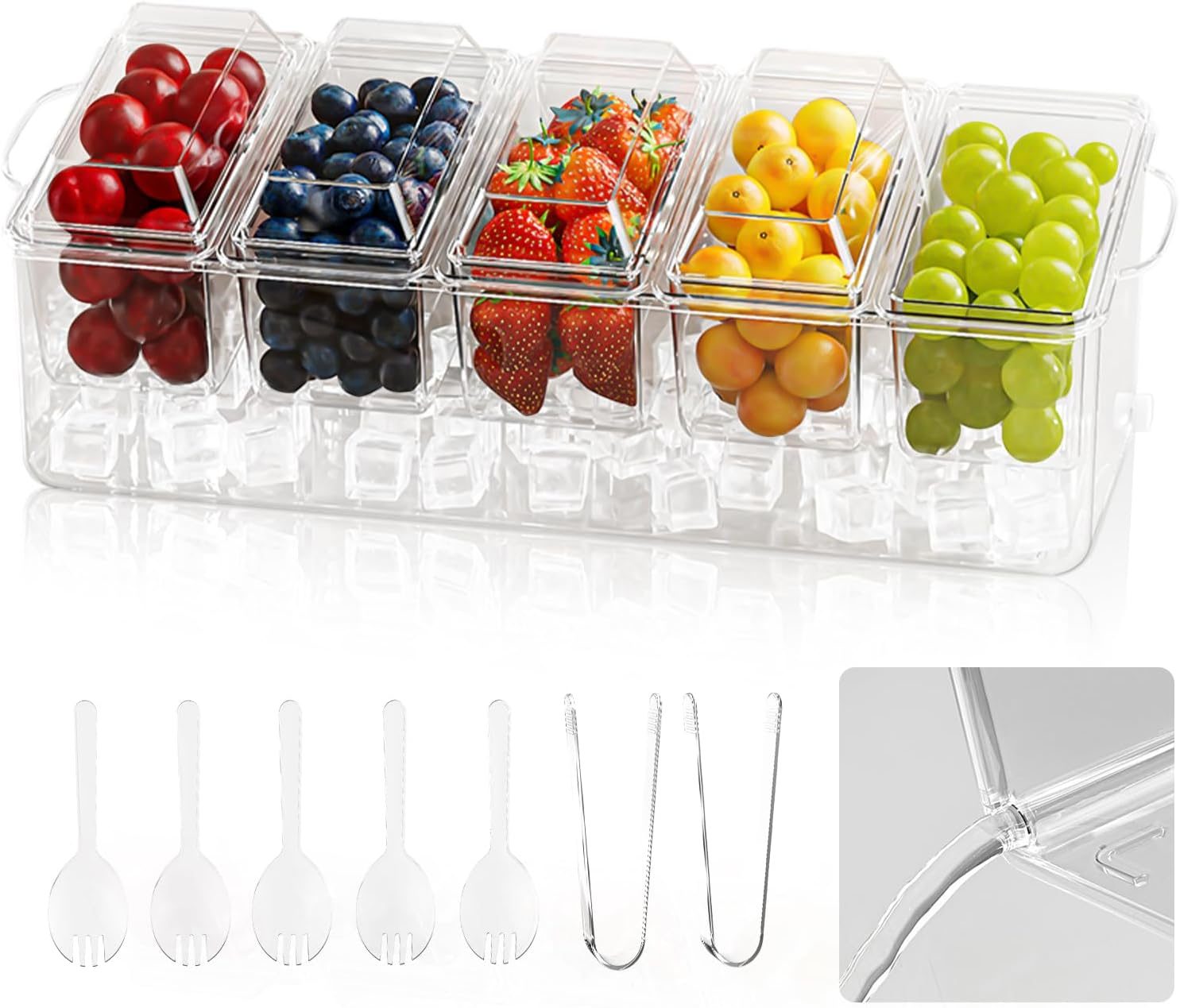 Ice Chilled Condiment Caddy, Condiment Tray Server with 5 Containers Lids, Fruit & Garnish Tray for Party Supplies & Bar Accessories, Set of 5 Serving Spoons & 2 Tongs Included