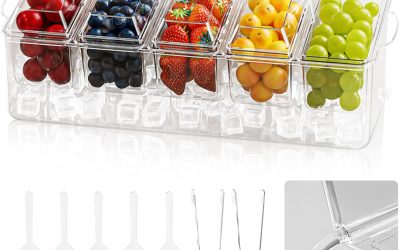 Ice Chilled Condiment Caddy, Condiment Tray Server with 5 Containers Lids, Fruit & Garnish Tray for Party Supplies & Bar Accessories, Set of 5 Serving Spoons & 2 Tongs Included