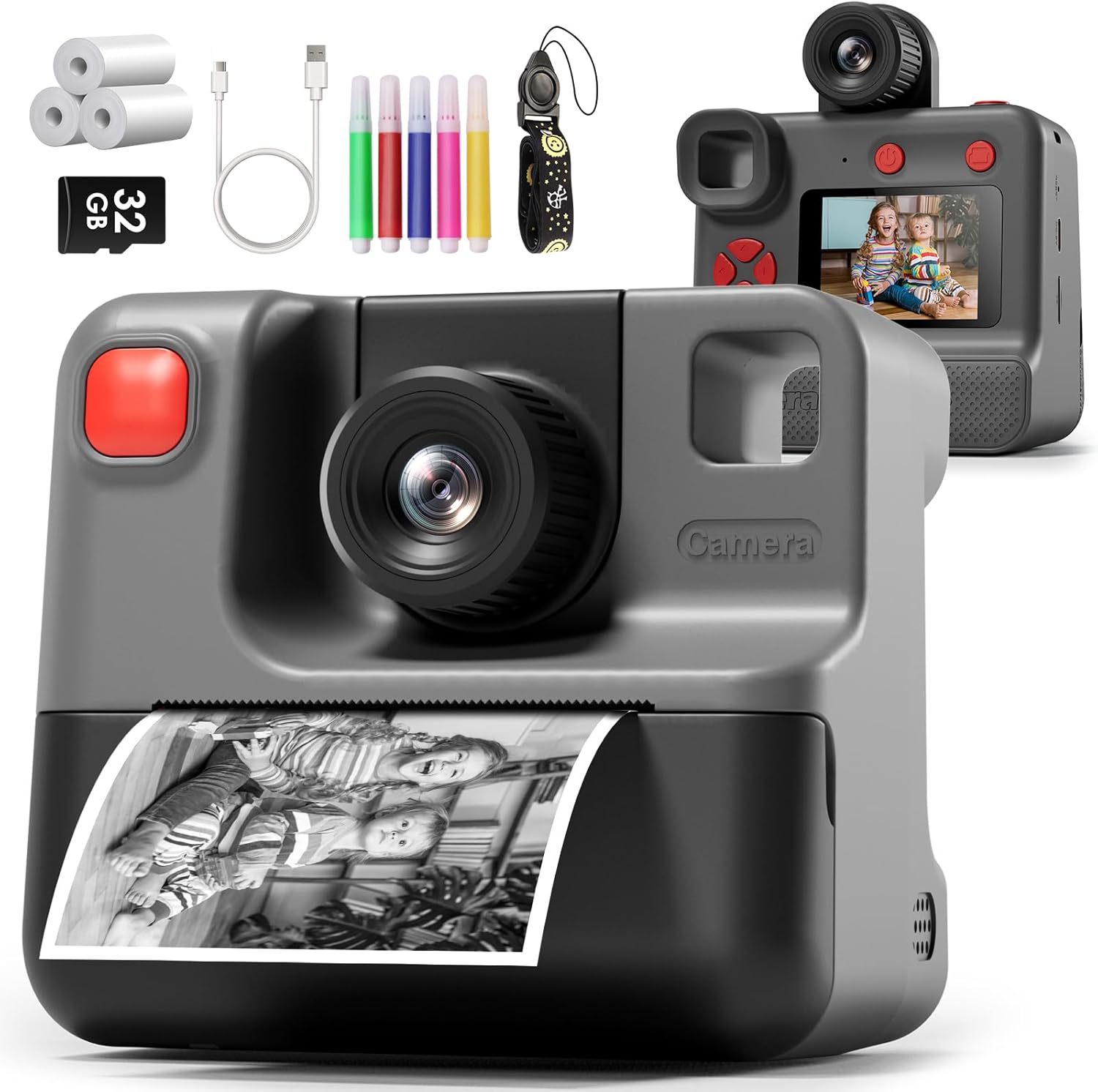 Instant Print Camera for Kids, 1080P Kids Instant Cameras,HD Digital Video Cameras Toddler 3 Print Paper & 32G Card,Christams Birthday Gifts for Girls Boys Age 3-12 (Black)