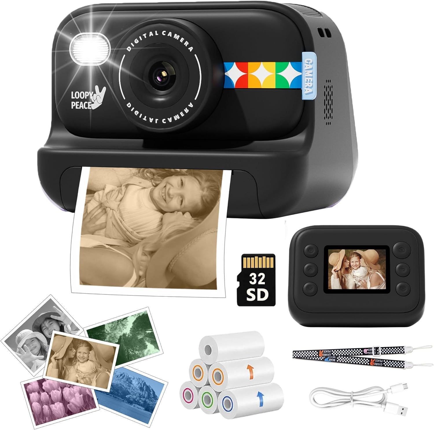 Instant Print Camera for Kids with 5 Color Print Paper, 48MP Photo 1080P Video, 21 Fun Frames, 32GB Card, Birthday for Girls Boys Age 3 4 5 6 7 8 9 10 11 12 Years Old Black