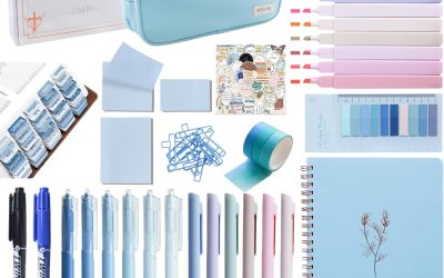 J6&H6 Bible Study Supplies Journaling Kit with Tabs, Highlighters and Color Pens, Notebook,Stickers & More 56pcs Bible Accessories Set for Women, Beginner Christian Gifts(Blue)