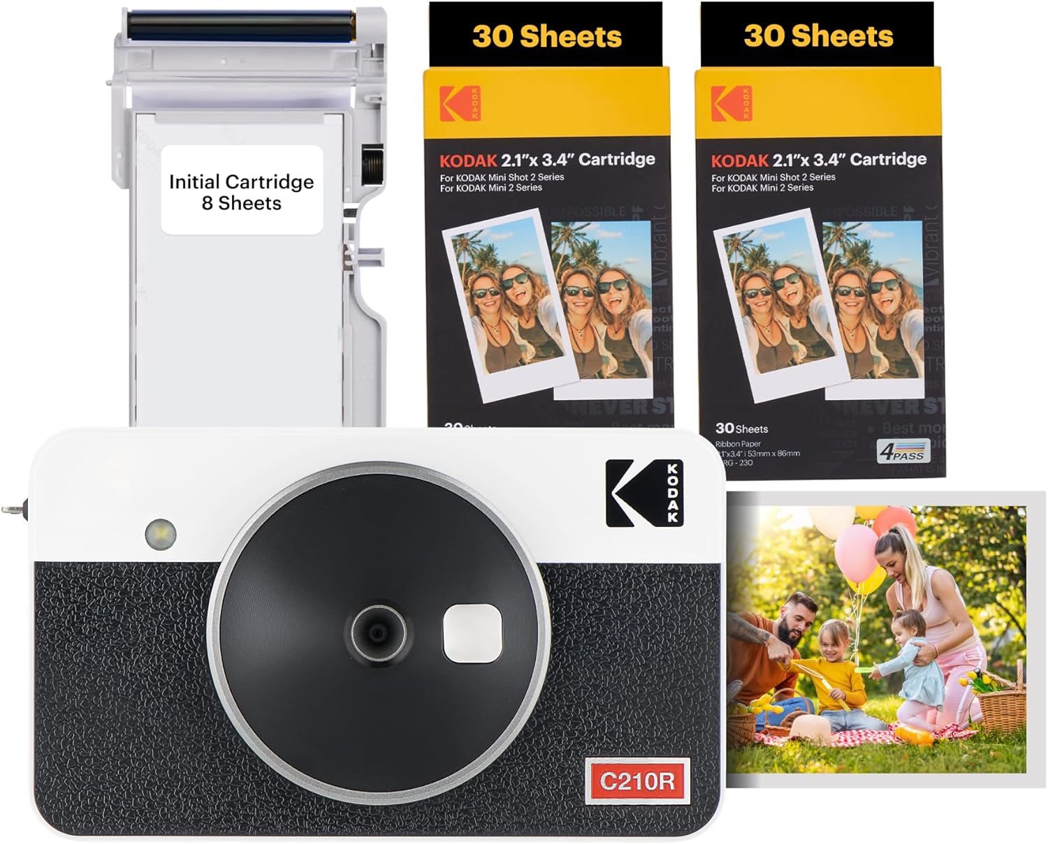 KODAK Mini Shot 2 Retro 4PASS 2-in-1 Instant Digital Camera and Photo Printer (2.1×3.4 inches) Initial 8 Sheets + 60 Sheets Bundle, White