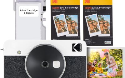 KODAK Mini Shot 2 Retro 4PASS 2-in-1 Instant Digital Camera and Photo Printer (2.1×3.4 inches) Initial 8 Sheets + 60 Sheets Bundle, White