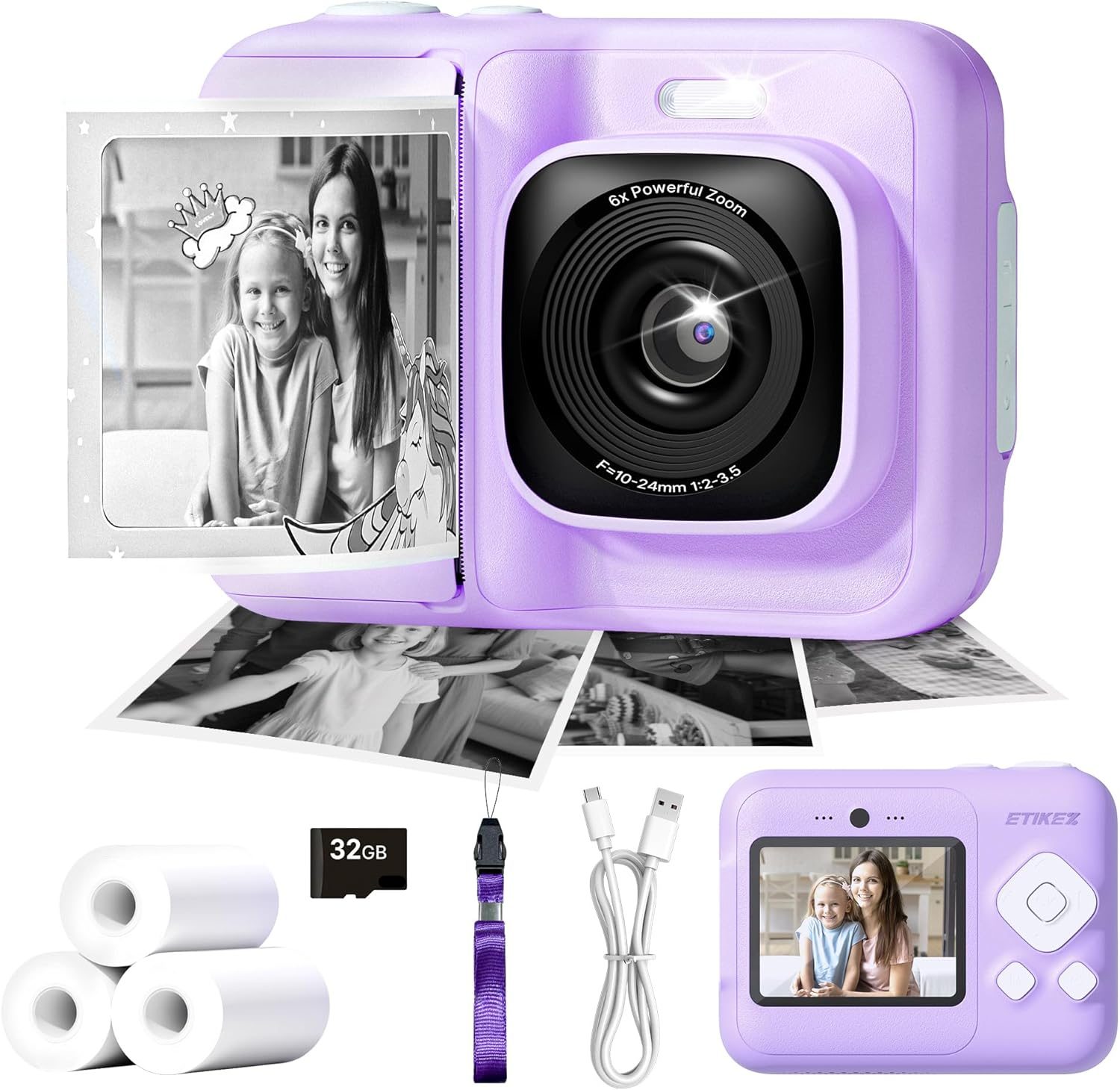 Kids Camera, 1080P Instant Digital Print Camera for Kids, Christmas Birthday Gifts for 4 5 6 7 8 9 10 Year Old Girls Boys, Portable Toy with 32GB SD Card & 3 Rolls Printing Paper, Purple