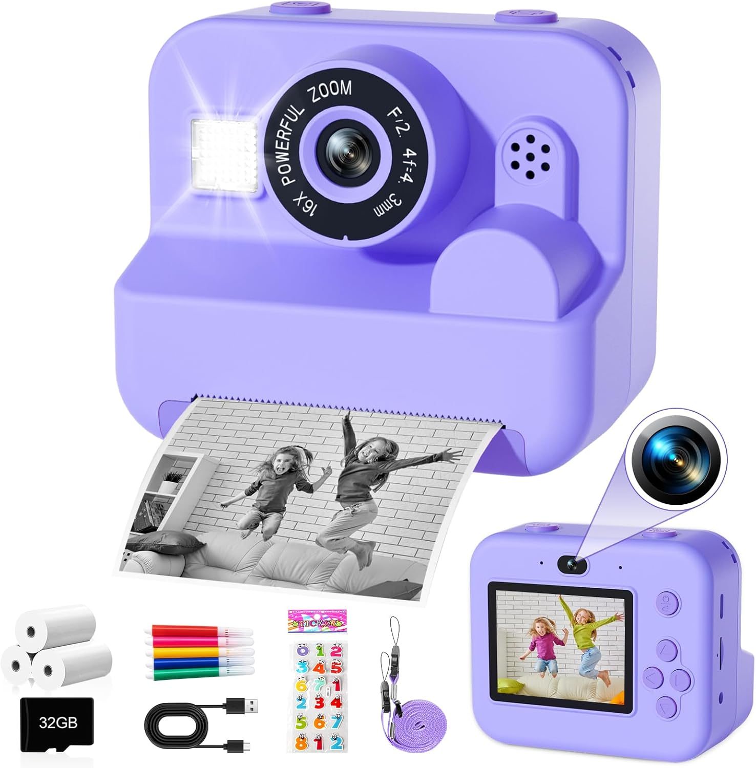 Kids Camera Instant Print – 1080P HD Video Digital Camera for Toddler with Printing Photo Paper, Portable Toy for 4 5 6 7 8 9 10 Years Old, Christmas Birthday Gifts for Boys Girls (Purple)